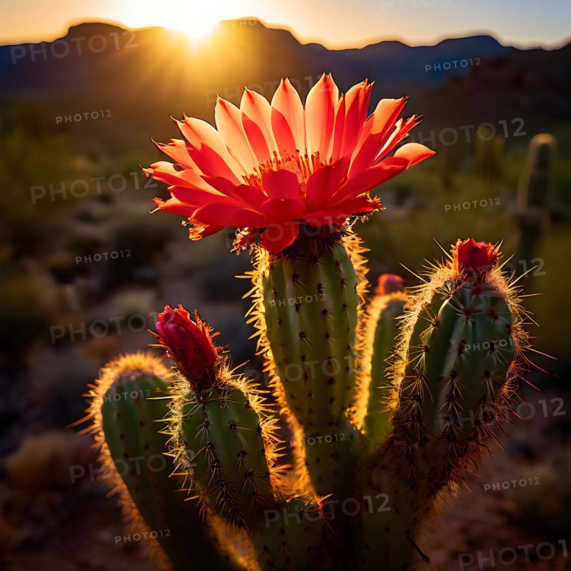 Saguaro cactus with vibrant flower in full bloom in early morning light, AI generated
