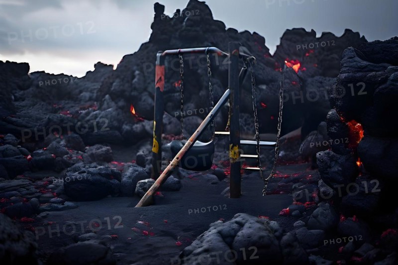 Lava destroying the remnants of a playground swings and slides emerging from hardened lava, AI generated