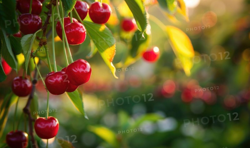 Ripe cherries dangling temptingly from the branches of a cherry tree in a vibrant garden AI generated