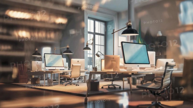 An elegant modern office interior with a blurred effect creating depth of field, AI generated