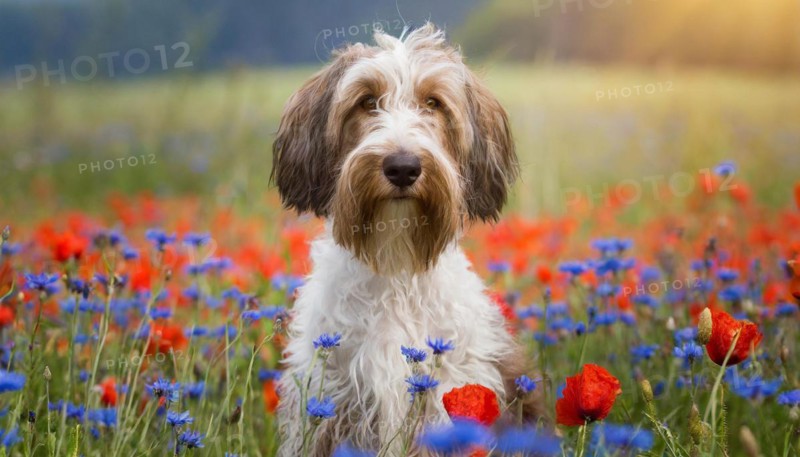 Ai generated, animal, animals, mammal, mammals, a, single animal, bobtail, (Canis lupus familiaris), dog, dogs, bitch, dog breed from England, a single animal, flower meadow