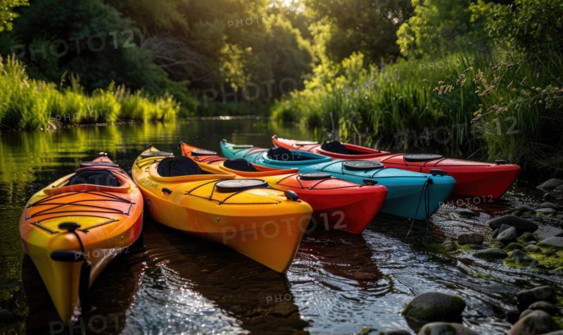 A group of colorful kayaks drifting down a spring river AI generated