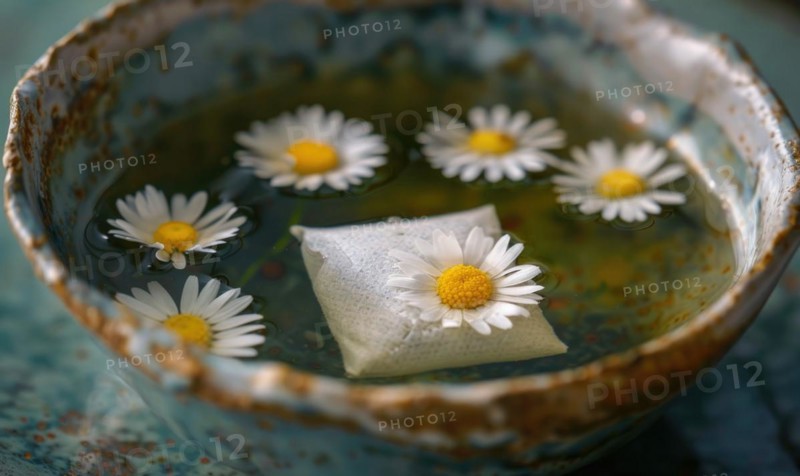 Chamomile tea bag steeping in a cup AI generated