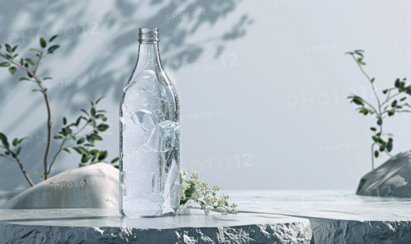 Crystal clear glass bottle mockup showcasing a premium quality mineral water sourced from natural springs AI generated