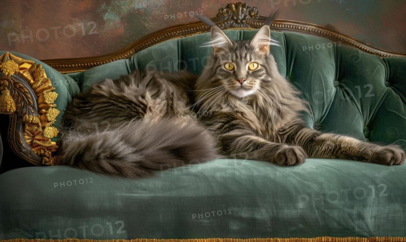Majestic Maine Coon cat lounging on a plush velvet cushion AI generated