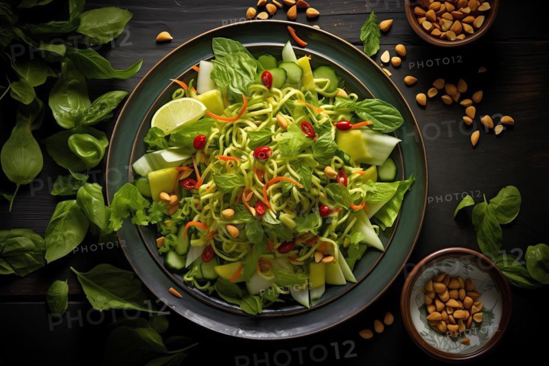 Vibrant Burmese Green Tea Salad with Zucchini Noodles, AI generated