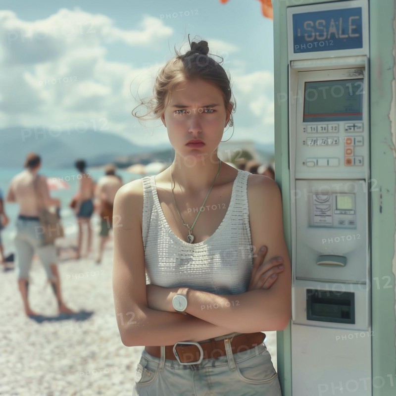 Teenage girl with a critical expression stands in front of a vending machine on a sunny beach, AI generated