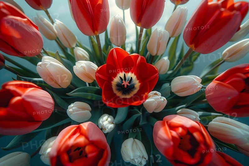 Close-up of red and white tulips creating a vivid and fresh floral background, AI generated