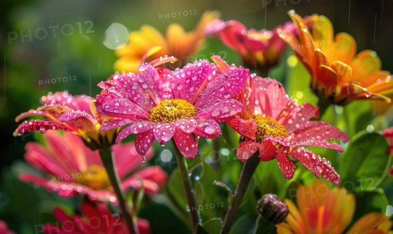 Raindrops clinging to the petals of colorful blooming flowers in a garden, closeup view AI generated