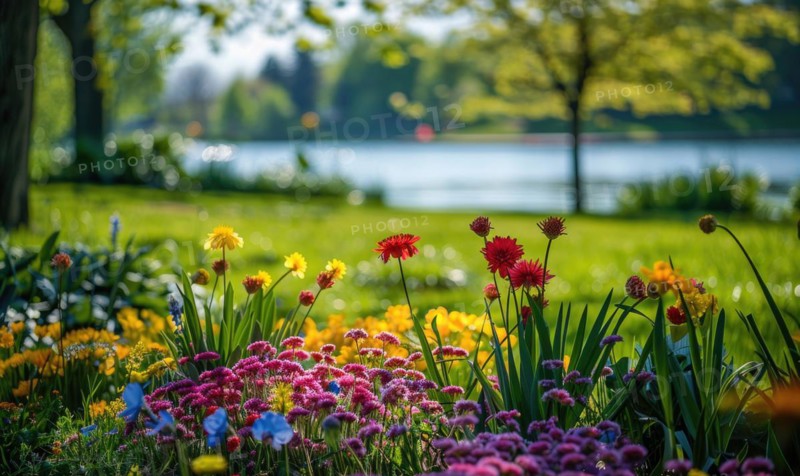 Springtime at the lake with blooming wildflowers and vibrant greenery AI generated