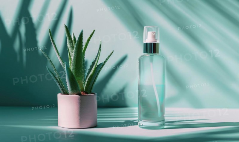 A blank spray bottle mockup containing aloe vera mist, nature cosmetic AI generated