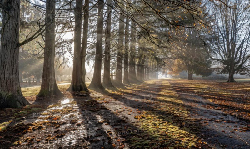 A cedar grove shrouded in mist, nature background AI generated