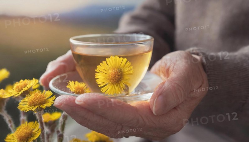 A cup of coltsfoot flower tea in the hand of a person, embedded in a natural mountain environment, medicinal plant coltsfoot, Tussilago farfara, AI generated, AI generated