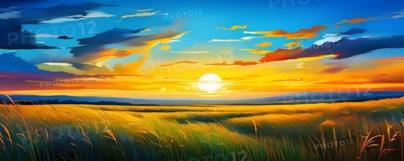 AI generated abstract painting of grasslands under a blazing sunset waves of greens
