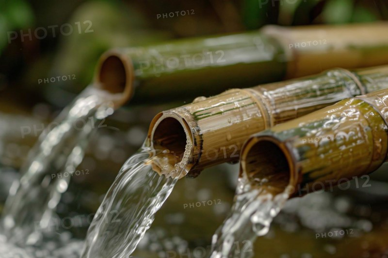 Water flowing through wooden bamboo pipes. KI generiert, generiert, AI generated