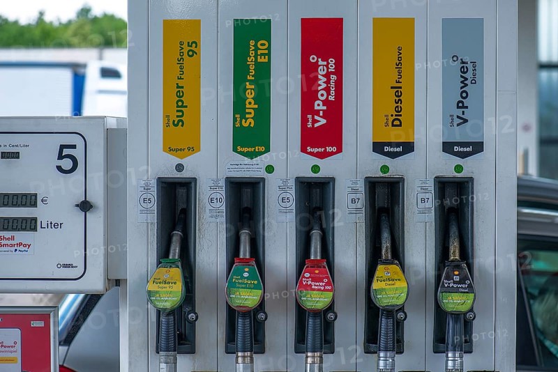 Five fuel offers at a petrol pump at a motorway service station, Thuringia, Germany, Europe