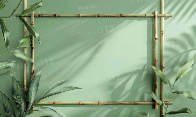 Delicate bamboo frame on minimalistic natural material, space remember AI generated