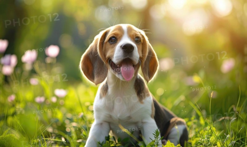 Happy Beagle puppy with floppy ears enjoying a sunny day in the garden AI generated