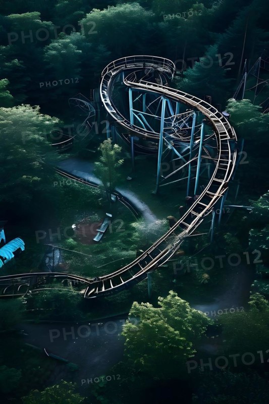 Aerial view of a bandoned amusement park overgrown with vegetation and rusting roller coasters, AI generated