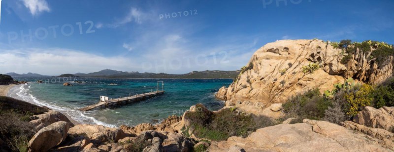 Rock formations, jetty leading into the sea, panoramic shot, Capriccioli beach, Costa Smeralda, Sardinia, Italy, Europe