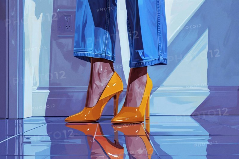 Fashion illustration of a woman in blue jeans and orange heels with a reflective floor, AI generated