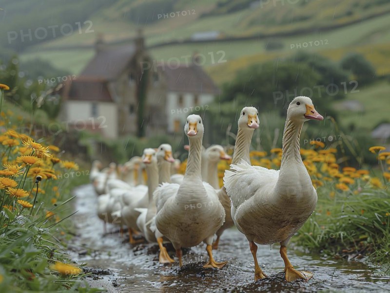 Geese wading through shallow water with a misty village and green hills behind, AI generated, AI generated, AI generated