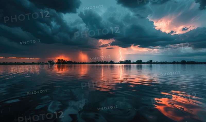 A dramatic stormy sky looming over the horizon, with dark clouds and flashes of lightning reflected in the waters of a lake AI generated