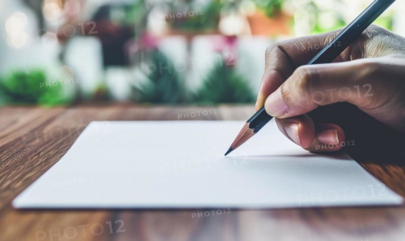 A hand holding a graphite pencil poised over a blank sheet of white paper AI generated
