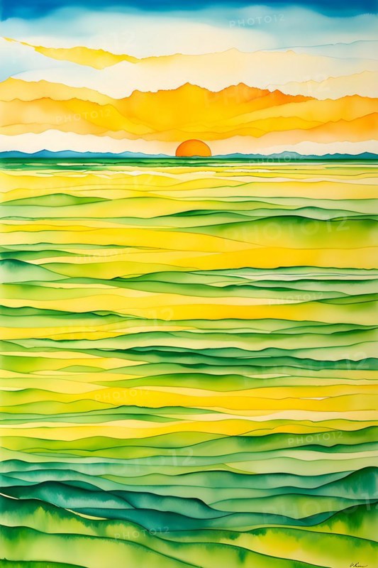 AI generated abstract painting of grasslands under a blazing sunset waves of greens