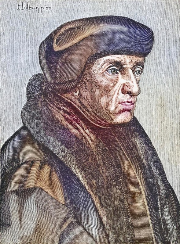Desiderius Erasmus of Rotterdam or simply Erasmus (born 28 October 1466/1467/1469 in Rotterdam, died 11/12 July 1536 in Basel) was a Dutch polymath: theologian, philosopher, philologist, priest, author and editor of 444 books and writings, Historical, digitally restored reproduction from a 19th century original, Record date not stated