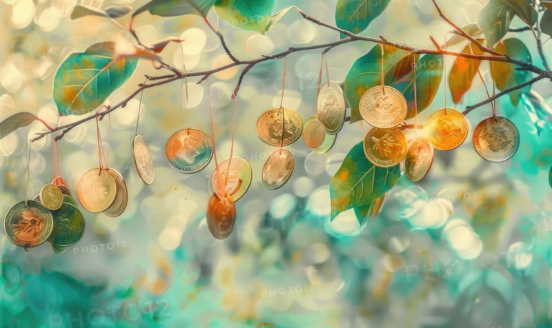 Vibrant watercolor painting of money coins hanging from branches of a tree sprout AI generated