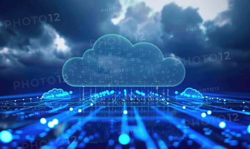 Cloud computing background with server racks and digital data streams AI generated