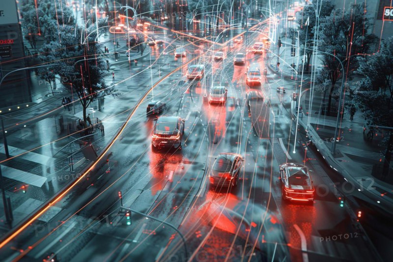 Blurred motion of city traffic at night with a teal and orange color scheme, AI generated