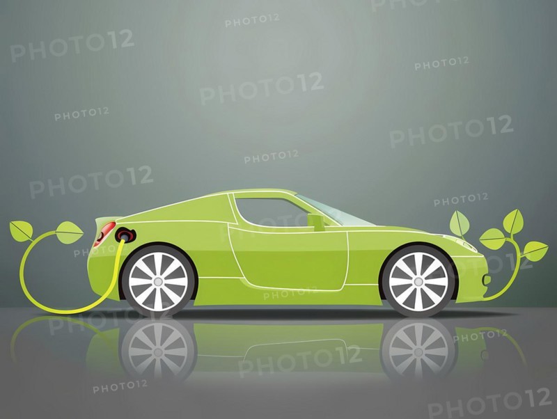 Vector illustration of a green electric coupe with leaves symbolizing clean energy, illustration, AI generated