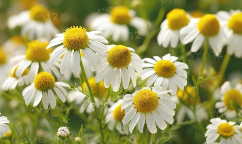 Close-up of chamomile flowers, selective focus AI generated