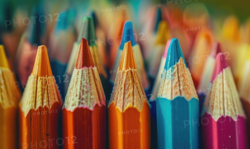 Close-up of a bunch of colored pencils, abstract background with colored pencils macro view AI generated