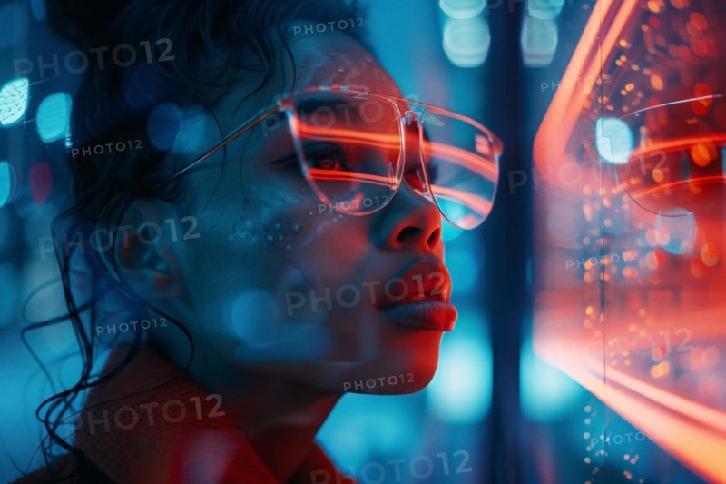 Immersive portrait of a woman with holographic glasses in a sea of neon light reflections, AI generated