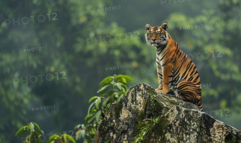 A Malayan tiger perched on a rocky ledge AI generated