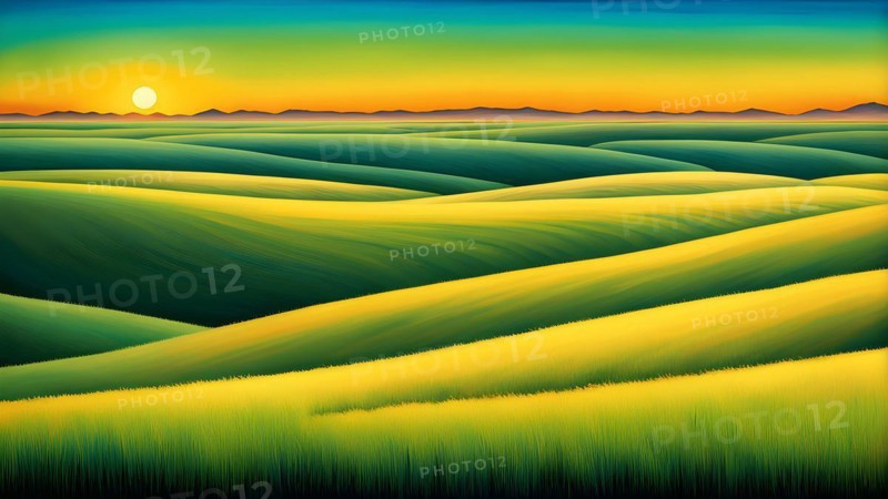 AI generated abstract painting of grasslands under a blazing sunset waves of greens