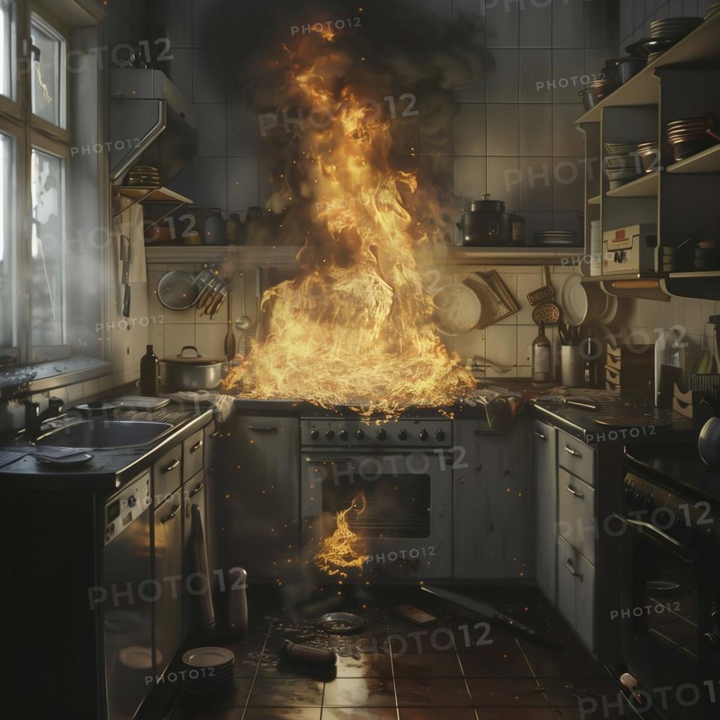 A kitchen in flames, with visible fire and smoke, indicating a dangerous scenario, AI generated