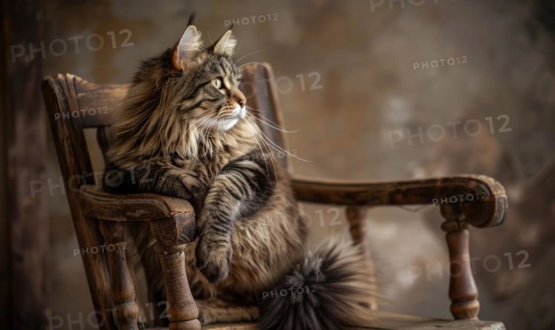 Maine Coon cat perched gracefully on a vintage wooden chair AI generated