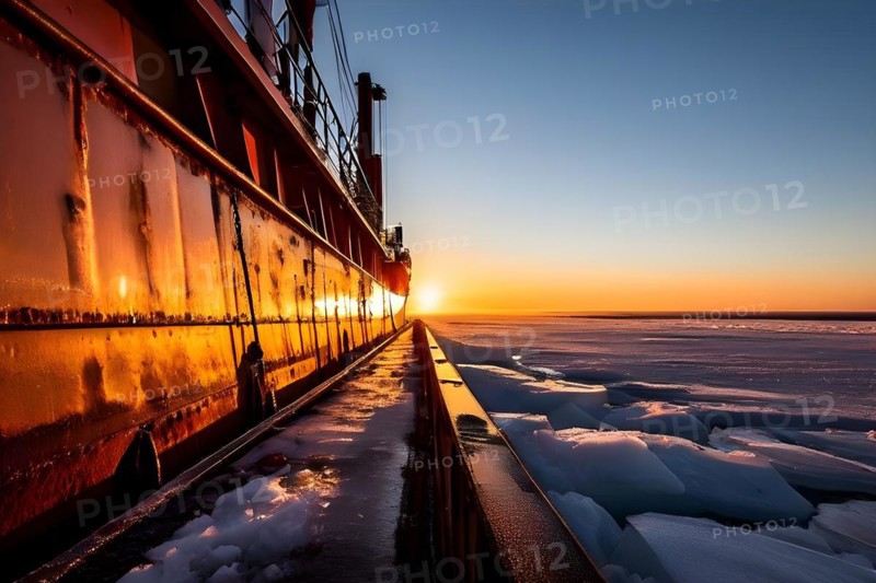 Icebreaker ship carving a path through thick ice of the polar region, AI generated