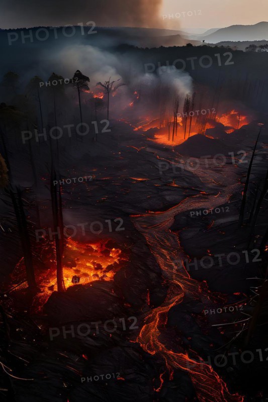 Lava destroying charred tree skeletons in a smoke filled landscape remnants of a forest fire ignited by lava flow, AI generated