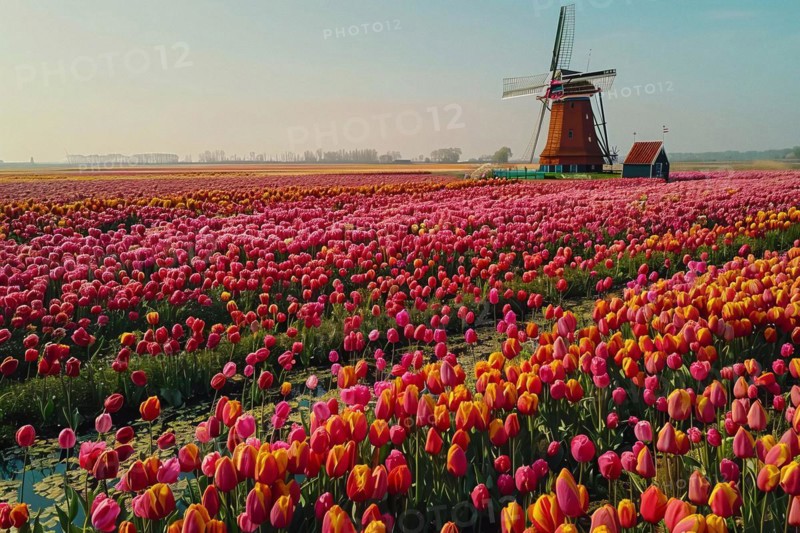 Expansive pink and red tulip field with a classic Dutch windmill under a clear sky, AI generated