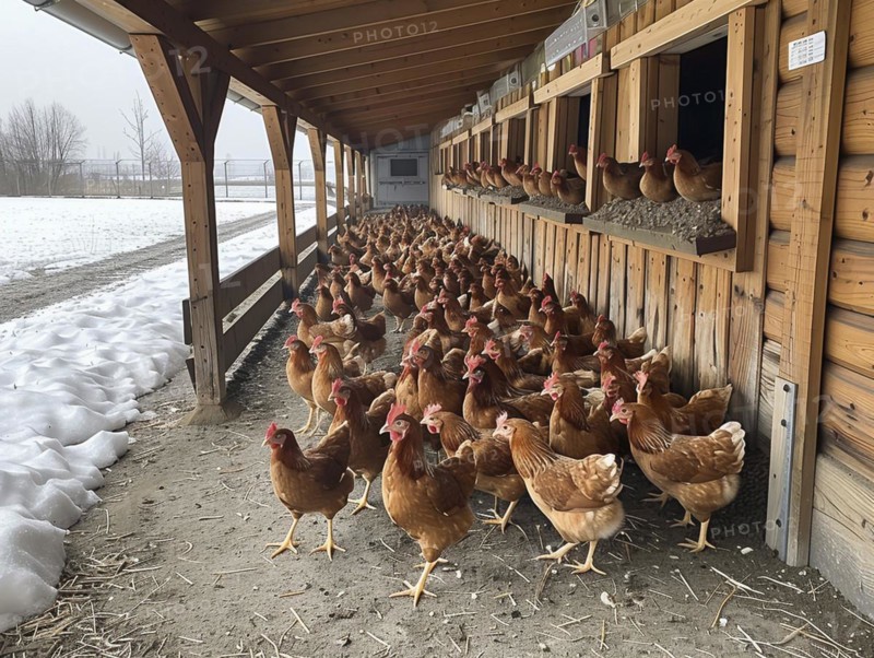 A row of hens inside a wooden coop, with a winter landscape and snow outside, AI generiert, AI generated