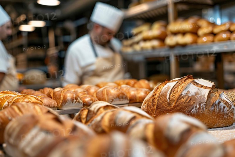 Loaves of bread in industrial bakery kitchen. KI generiert, generiert, AI generated
