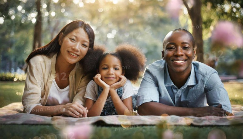 Mother and child smiling and bonding outdoors with a backdrop of sunlit greenery, AI generated