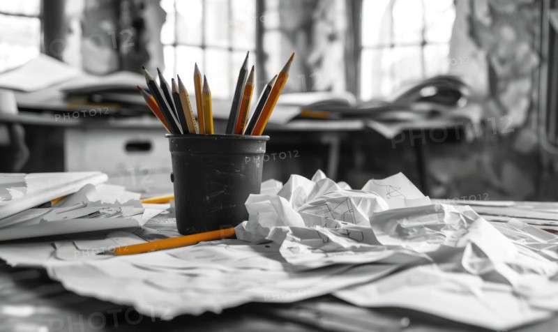 Graphite pencils arranged in a cup on a desk, surrounded by crumpled sheets of discarded white paper AI generated