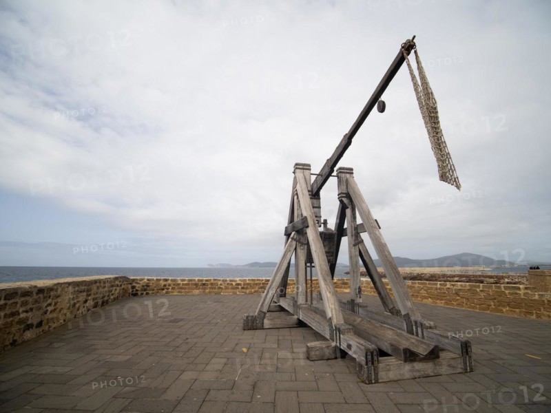 Old siege engine, fortress wall of Alghero, Sardinia, Italy, Europe