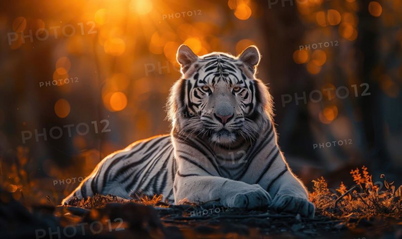 A white tiger basking in the warm glow of the setting sun AI generated